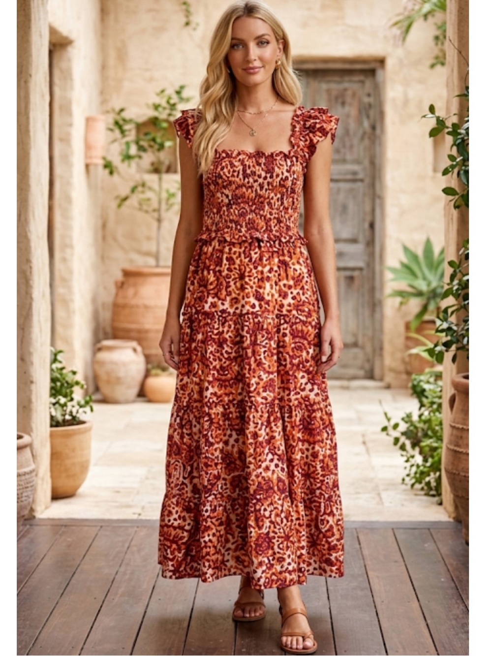 NWT House of Harlow 1960 Zoey Orange Floral Tiered Smocked Boho Dress Size M